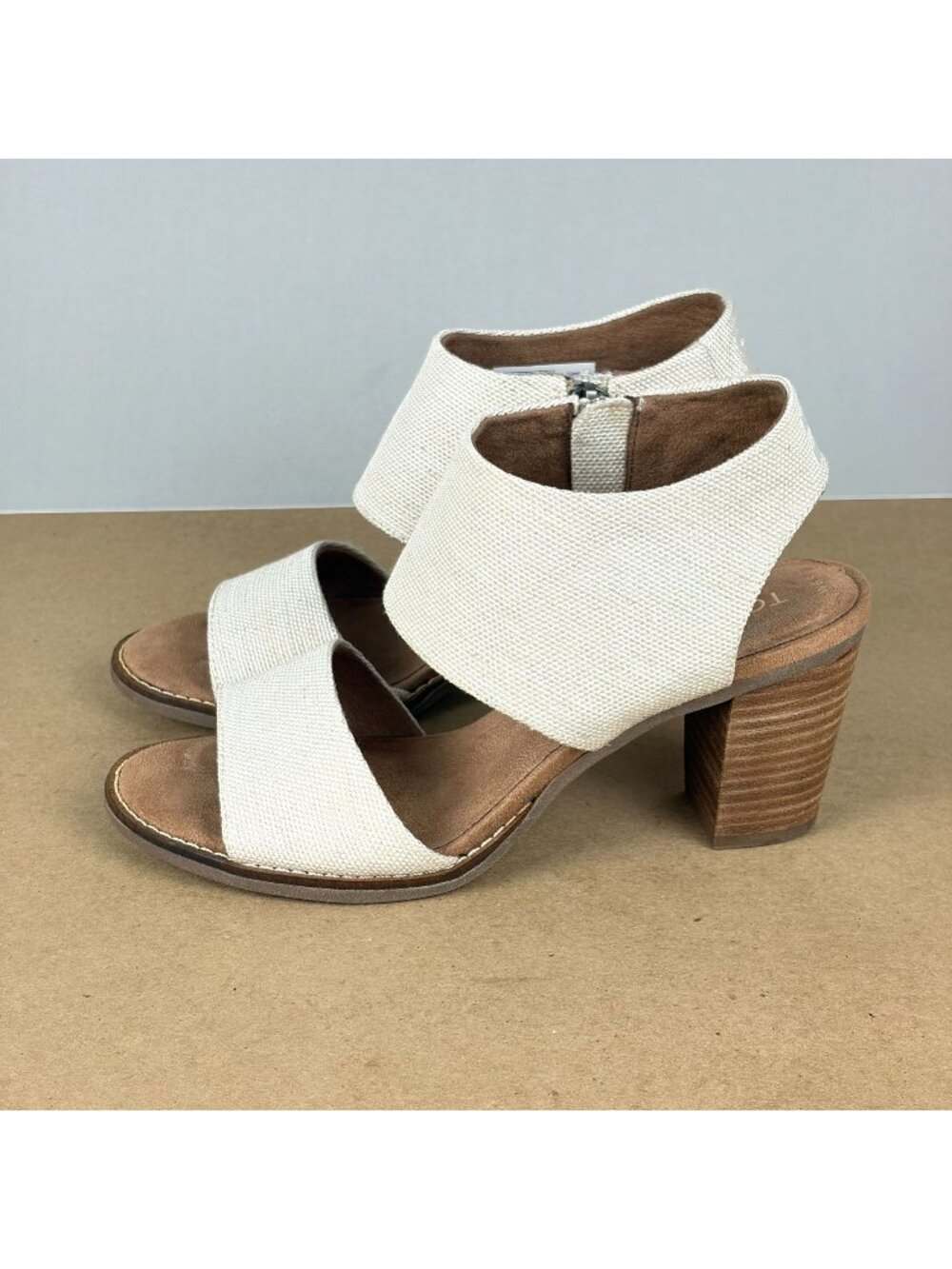 Toms Majorca Cut Out Heeled Sandals Womens 6.5 Natural Tan Side Zip Open Toe
